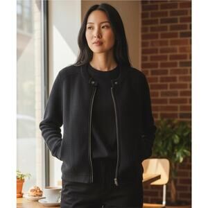 Eileen Fisher Black Zip Front Jacket Silk Cotton Blend Textured Moto Style XL